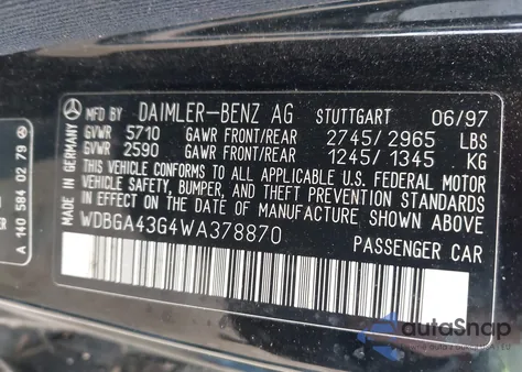 1998 Mercedes-Benz S 420 из США, поврежденный, VIN WDBGA43G4WA378870